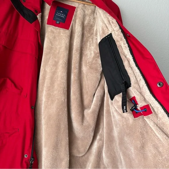 Tommy Hilfiger US Ski Team Men Sherpa Lined Red Parka Hooded Ski Jacket vintage